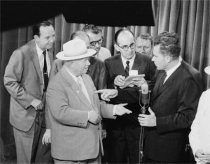 Richard Nixon, right, and Nikita Khrushchev debating at the American National Exhibition in Moscow, 1959, part of what came to be known as the Kitchen Debate. Photo: Thomas J. O'Halloran, via Wikimedia Commons