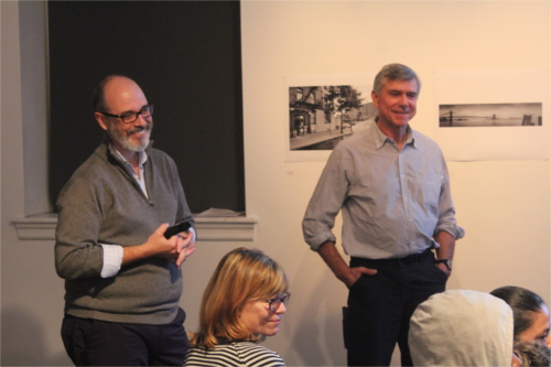 Pancho Bernasconi, on left, and Robert Nickelsberg talk to students at the Bronx Documentary Center as OPC executive director Patricia Kranz looks on. Photo: Chad Bouchard