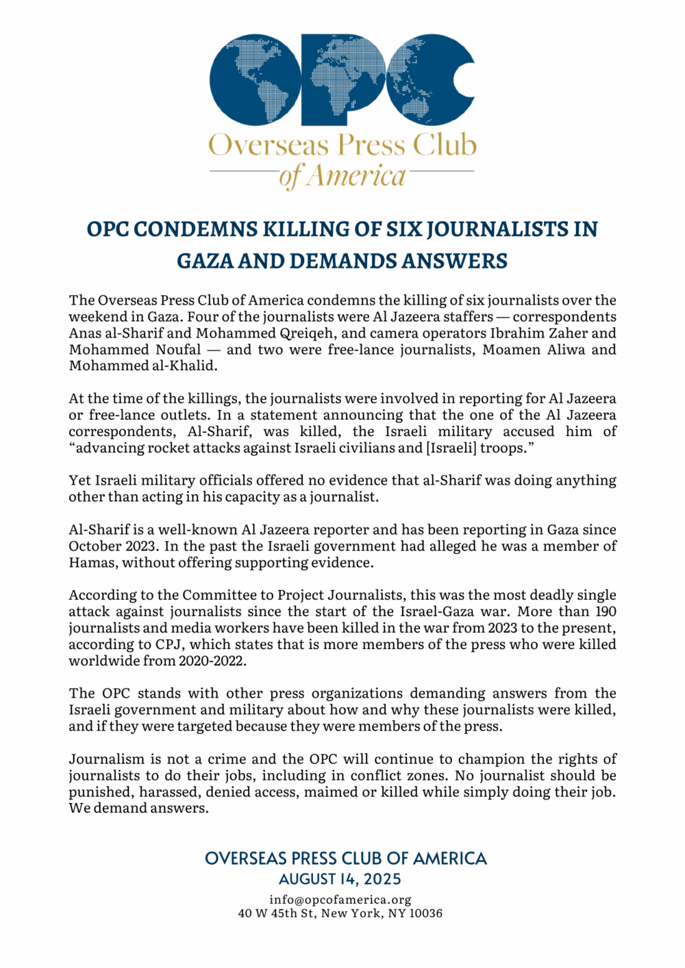 OPC Condemns Killing of Six Journalists in Gaza and Demands Answers