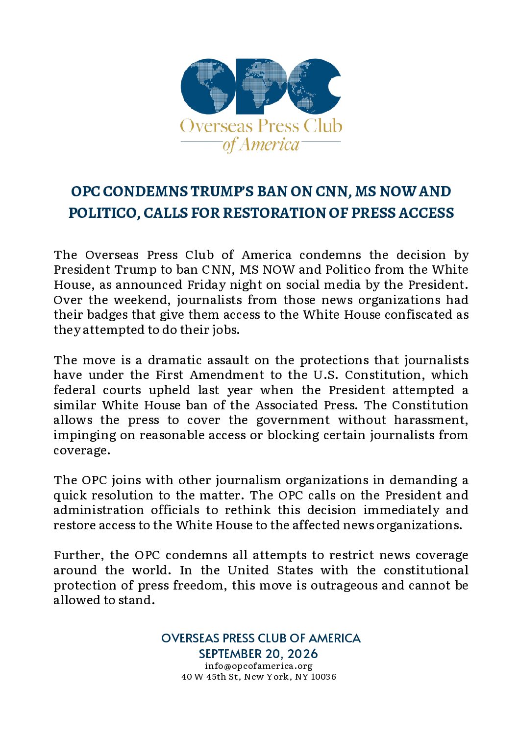 OPC Condemns Trump’s Ban on CNN, MS NOW and Politico, Calls for Restoration of Press Access